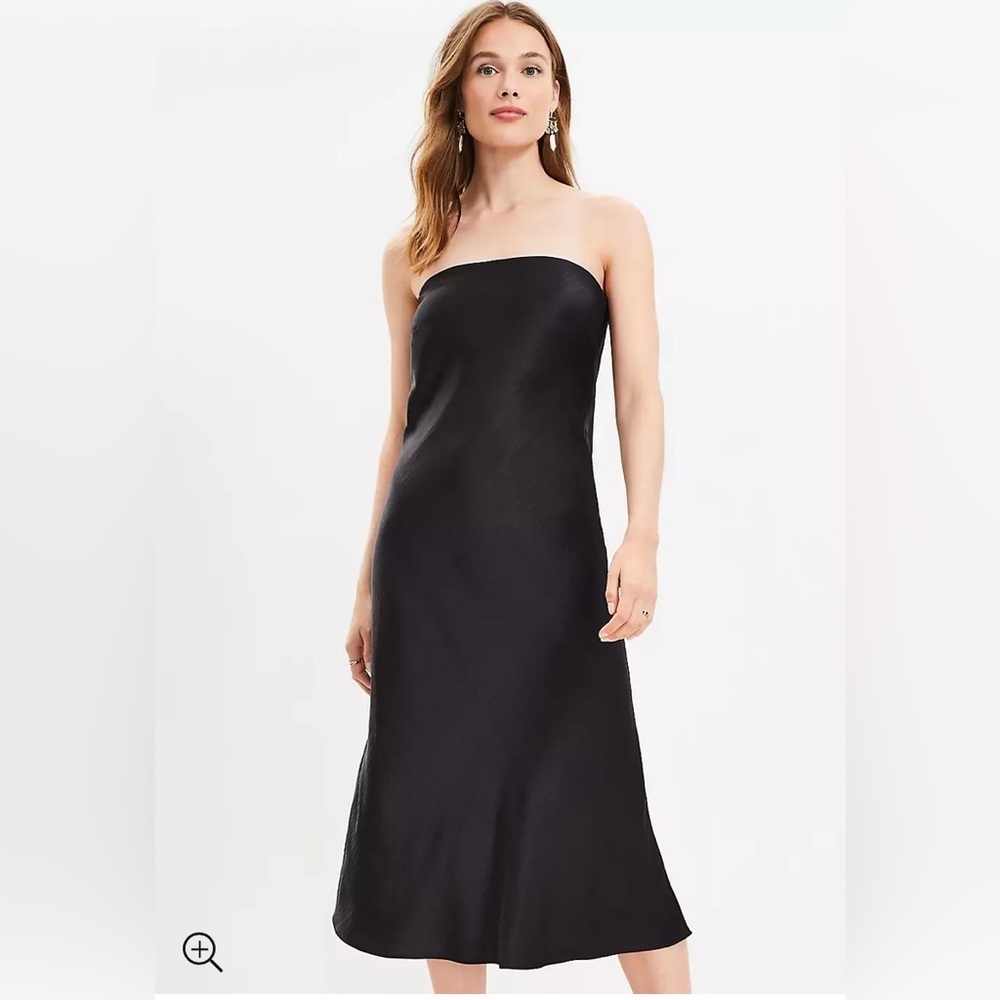 LOFT Blackβ Satin Strapless Midi Slip Dress Holiday Wedding Guest Elegant
